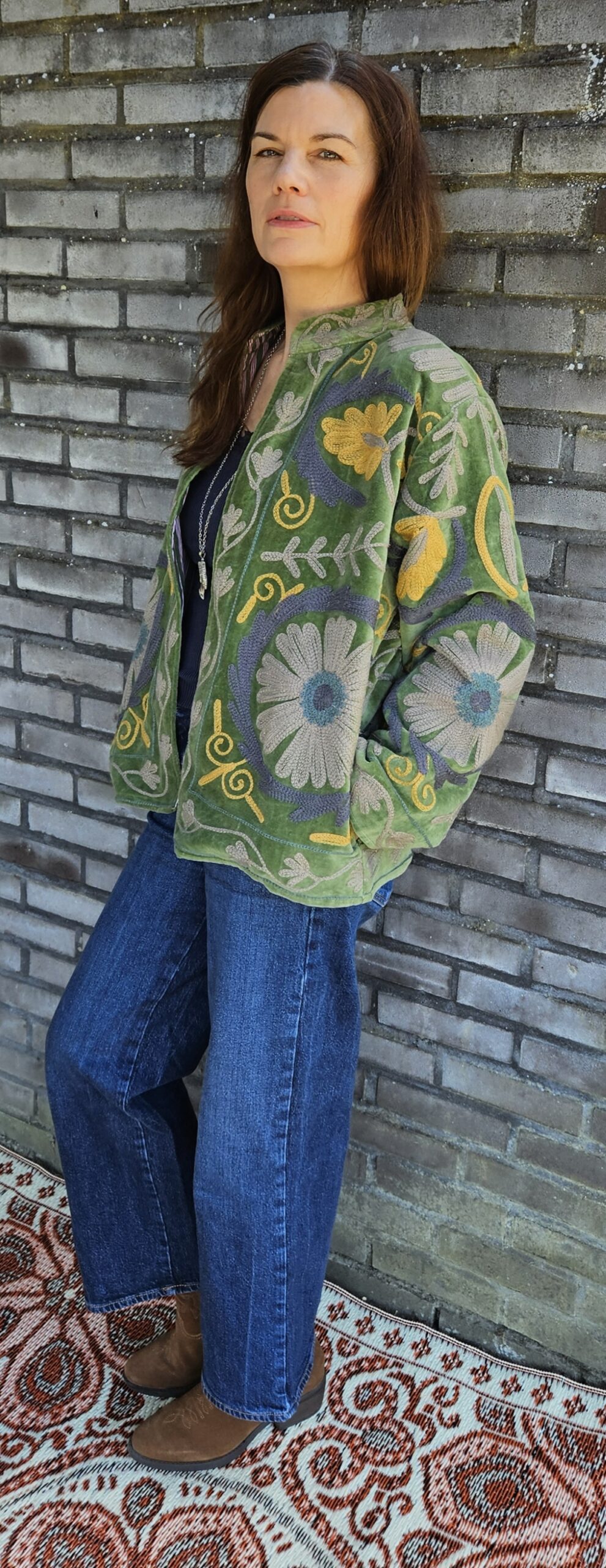 Indian jasje Flowers - Fluweel groen -